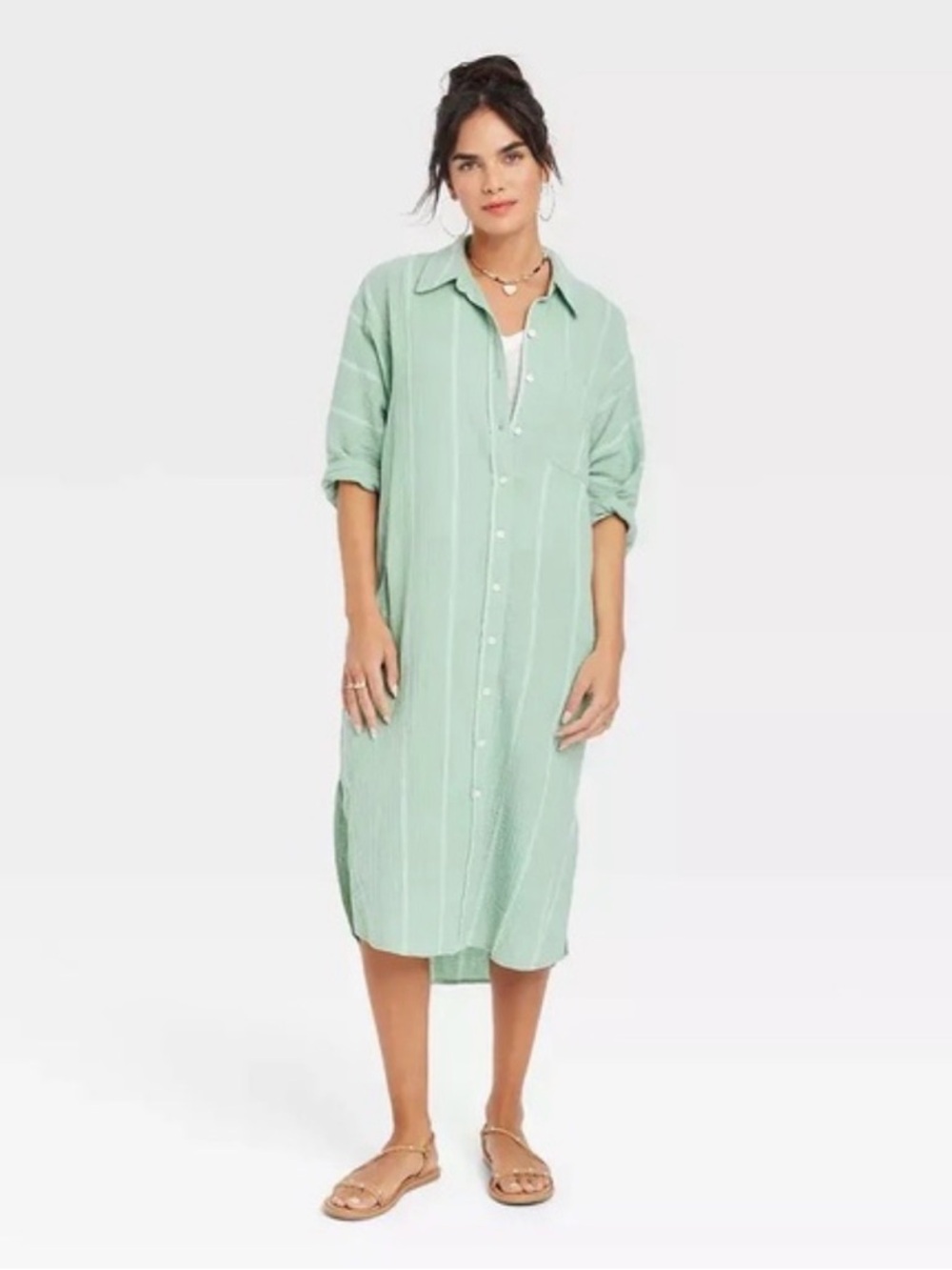 Women’s Universal Thread Cotton Green Striped 3/4 Sleeve Midi Shirt Dress Sz S